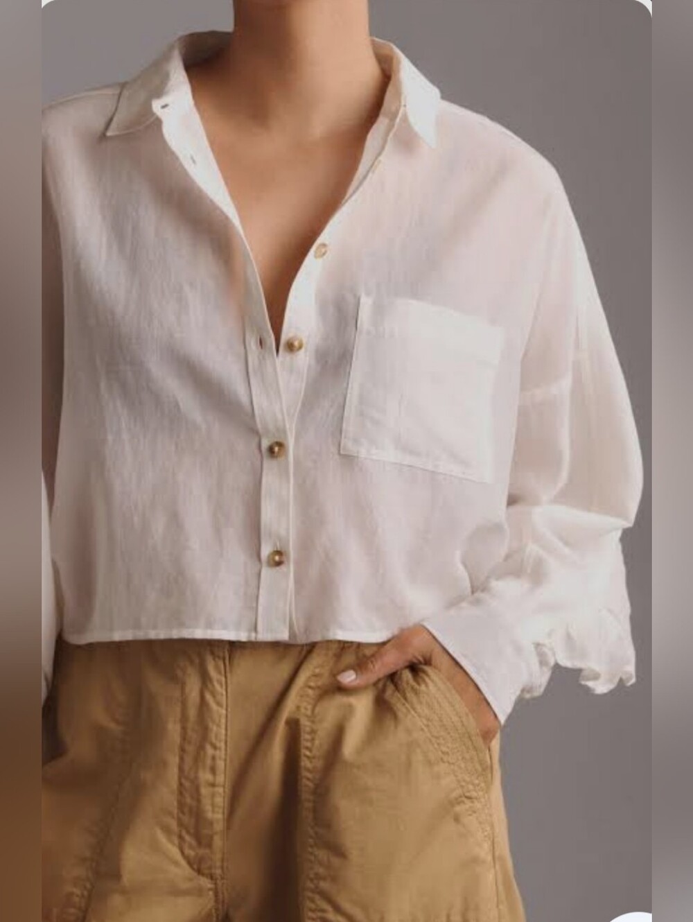 Passport White Button-Down Linen-Blend Cropped Top